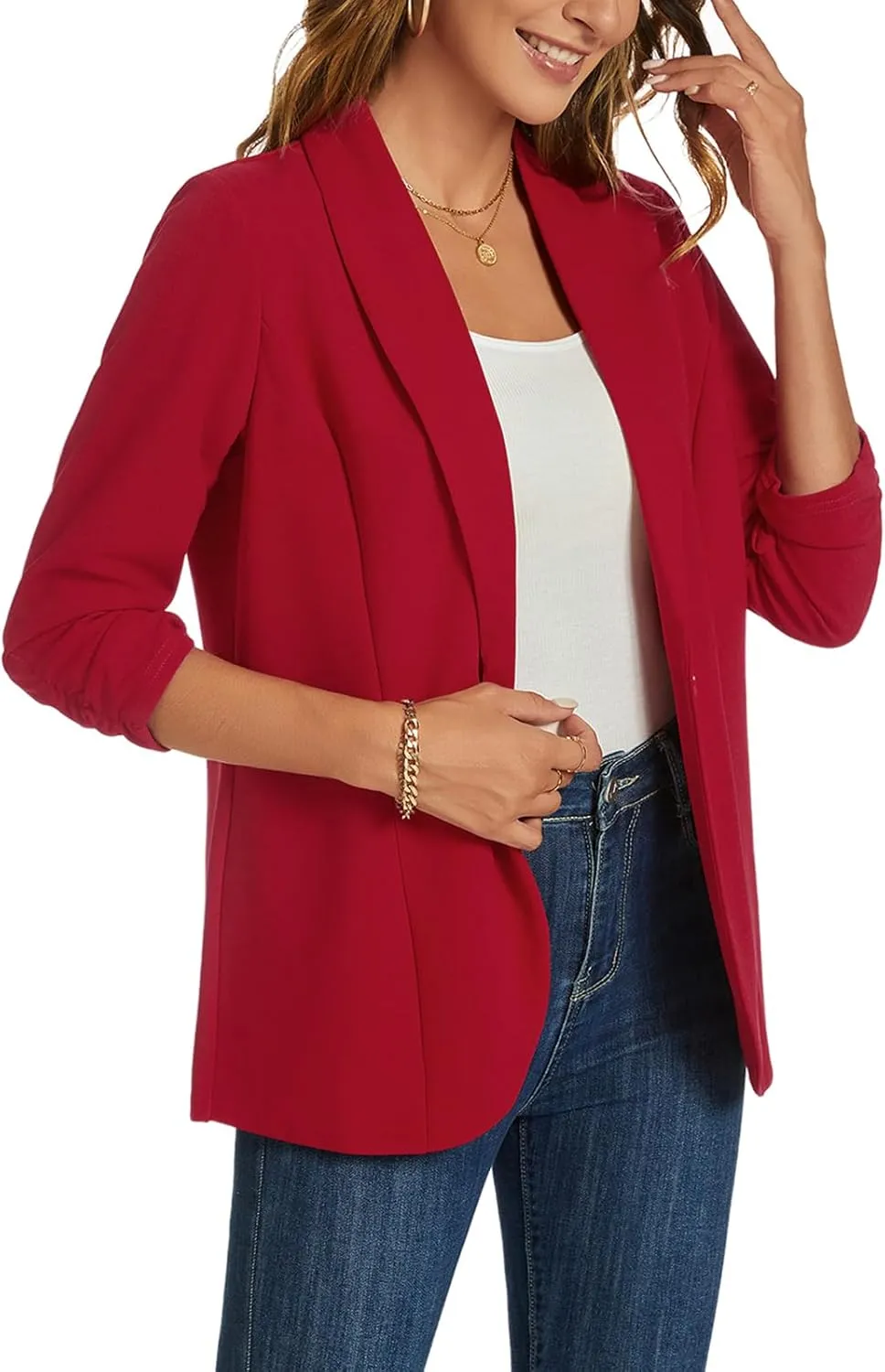 MINTLIMIT Blazers for Women 3/4 Ruched Sleeve Shawl Collar Open Front Business Jacket Blazer Work Office Blazers Jackets