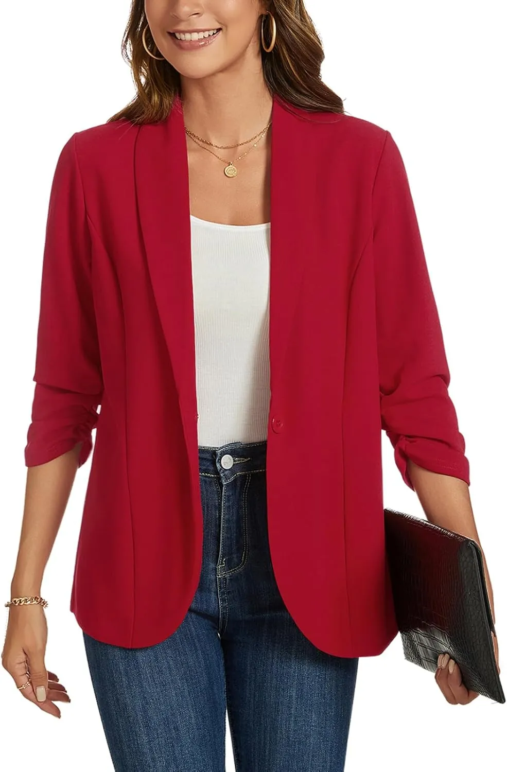 MINTLIMIT Blazers for Women 3/4 Ruched Sleeve Shawl Collar Open Front Business Jacket Blazer Work Office Blazers Jackets