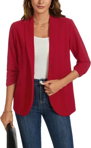 MINTLIMIT Blazers for Women 3/4 Ruched Sleeve Shawl Collar Open Front Business Jacket Blazer Work Office Blazers Jackets