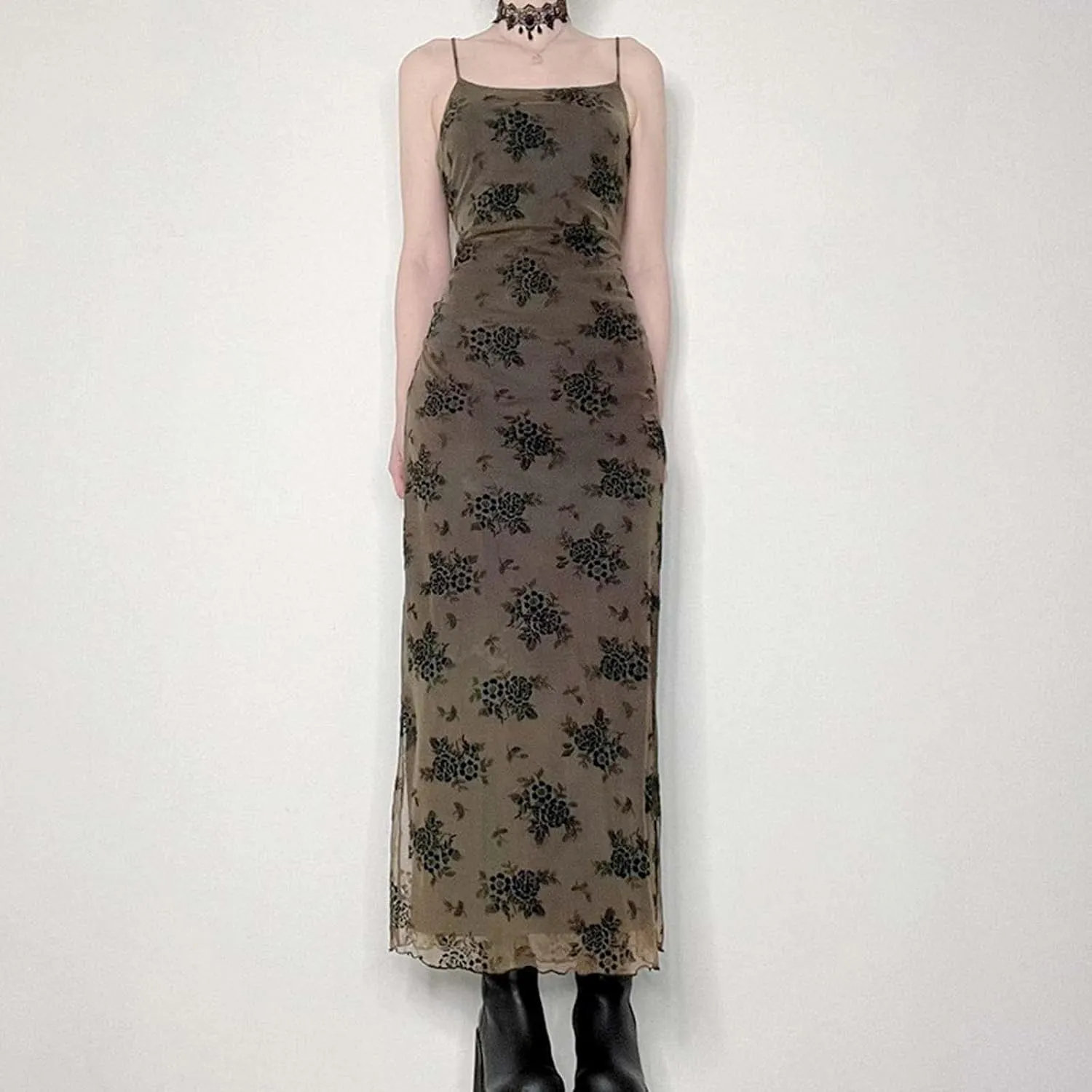MLAFE Gothic Long Skirt Fairy Garbage Skirt Sling Skirt Dark Print Narrow Waist Long Skirt Y2k Skirt Harajuku Skirt