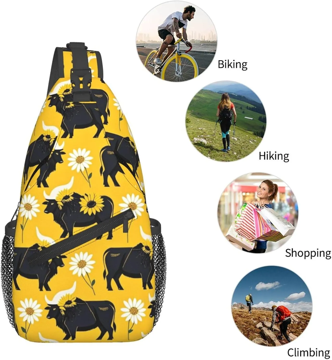 Modern Black Buffalo Sunflower Crossbody Bags Cross Chest Bag Adjustable Sling Backpack for Women Men