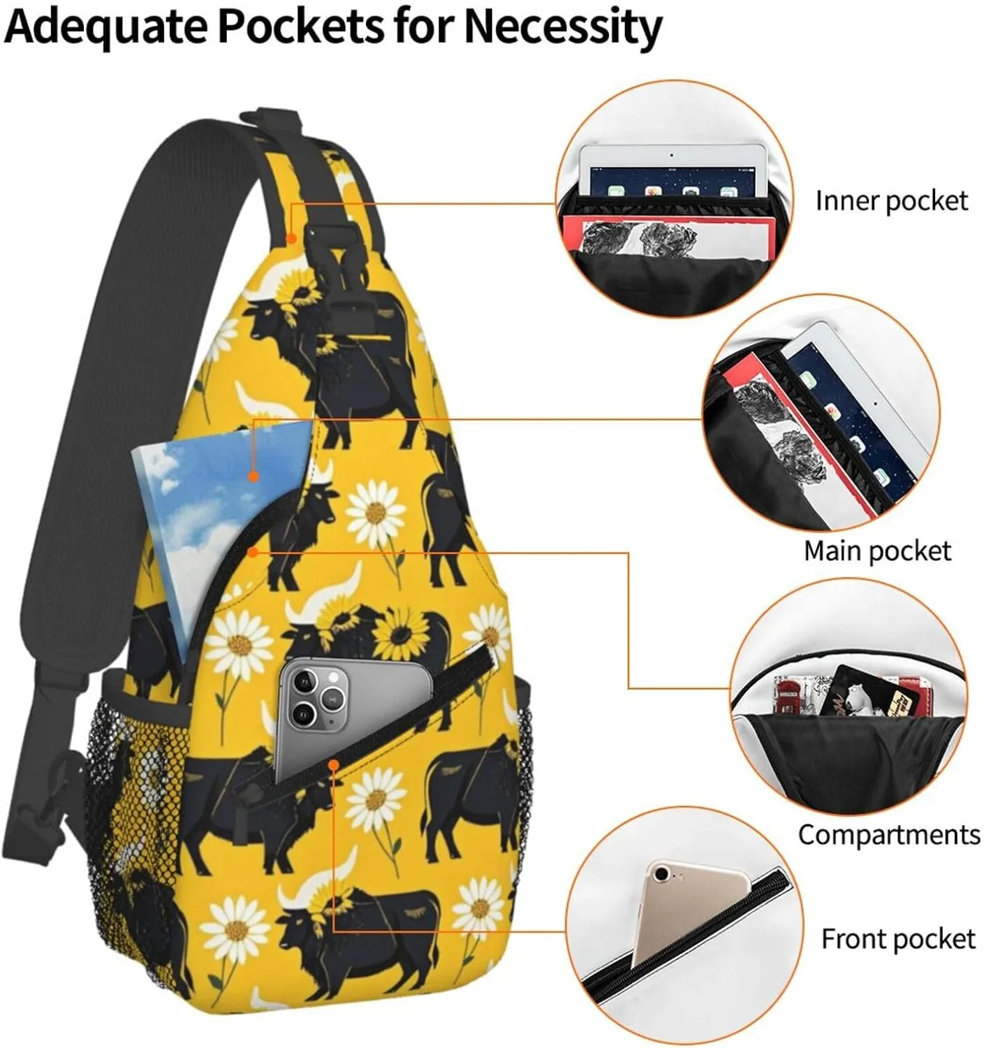 Modern Black Buffalo Sunflower Crossbody Bags Cross Chest Bag Adjustable Sling Backpack for Women Men