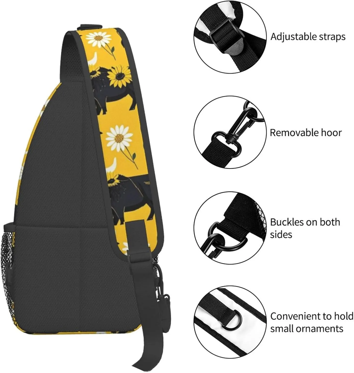 Modern Black Buffalo Sunflower Crossbody Bags Cross Chest Bag Adjustable Sling Backpack for Women Men