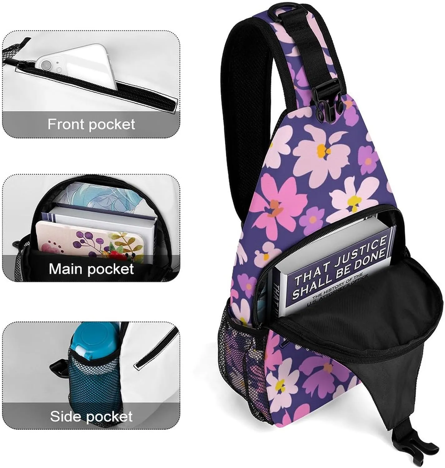 Modern-floral-pattern Crossbody Sling Backpack, Shoulder Bag Chest Bag for Travel Sport Running, 38x20cm, Style-1