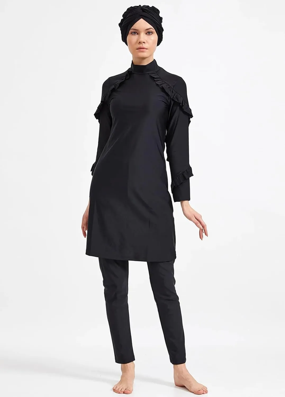 Modest Muslim Swimwear Women Islamic Black Swimsuit Full Cover Hijab Burkini Rash Guard Set Long Sleeve Bathing Suit