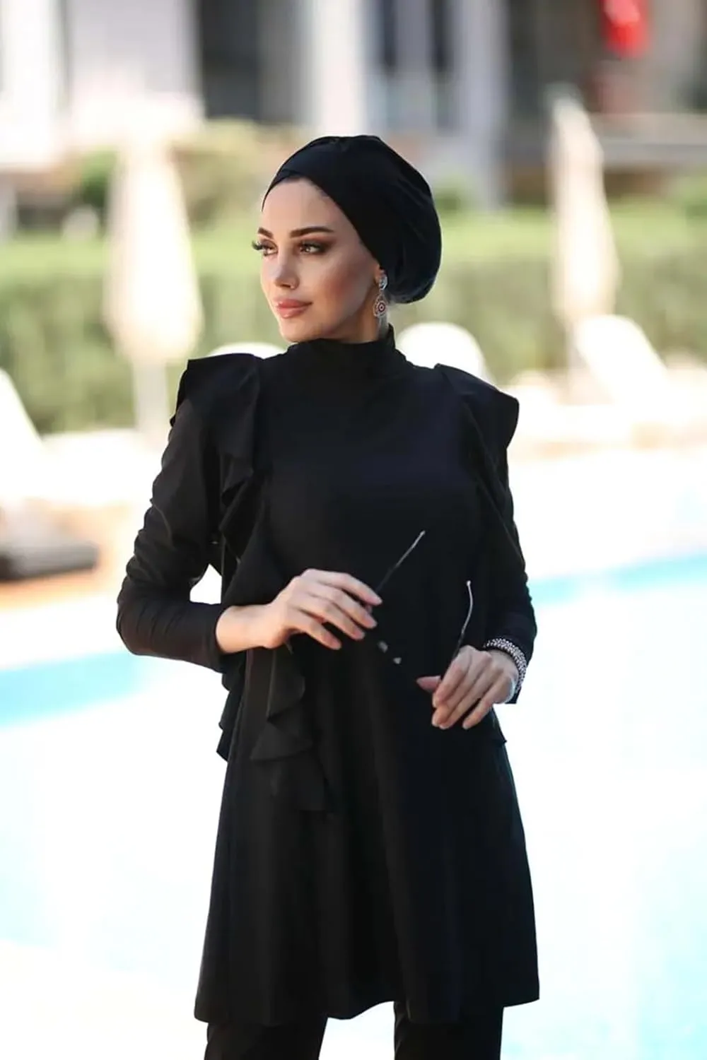 Modest Muslim Swimwear Women Islamic Black Swimsuit Full Cover Hijab Burkini Rash Guard Set Long Sleeve Bathing Suit