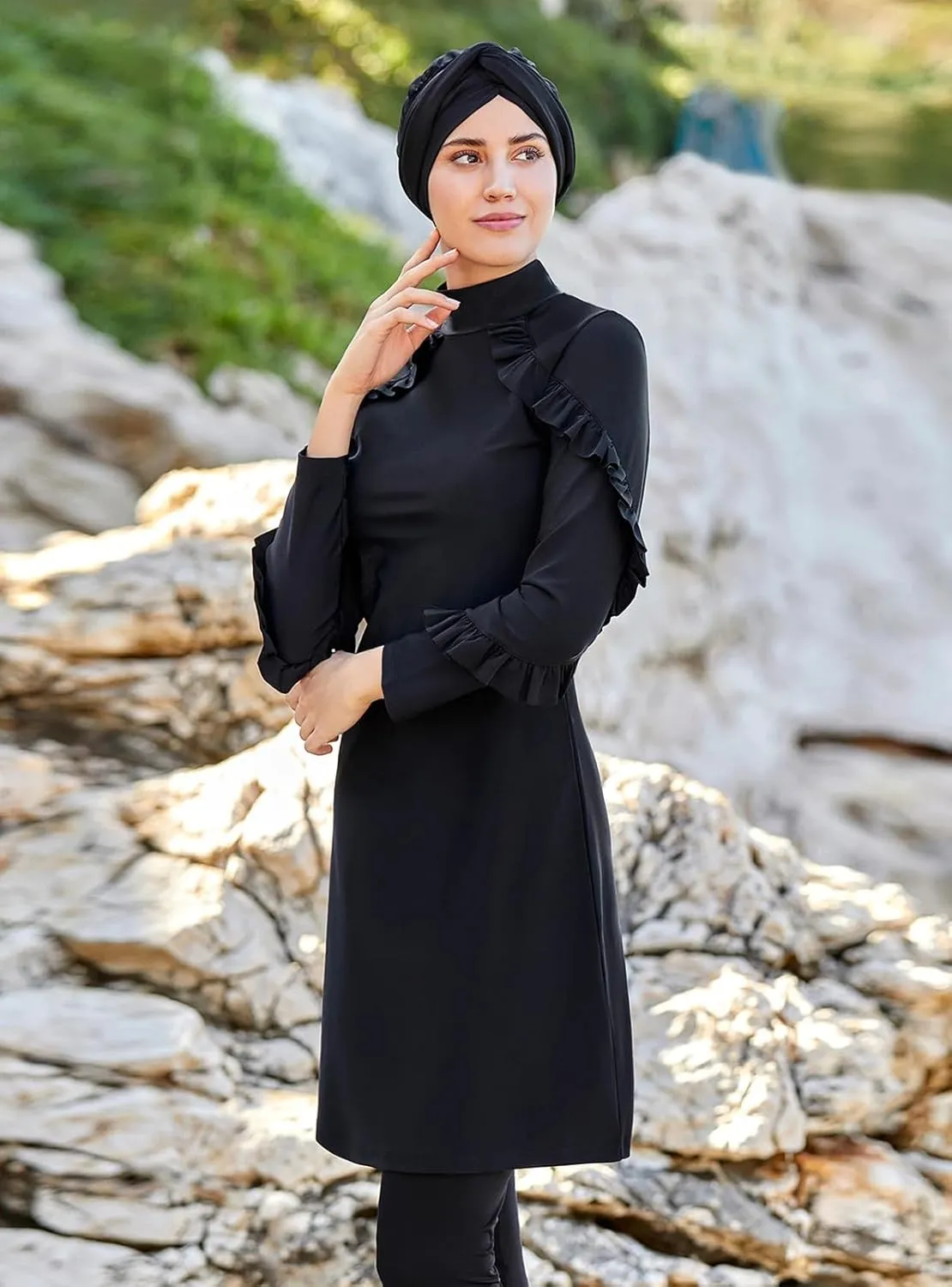 Modest Muslim Swimwear Women Islamic Black Swimsuit Full Cover Hijab Burkini Rash Guard Set Long Sleeve Bathing Suit