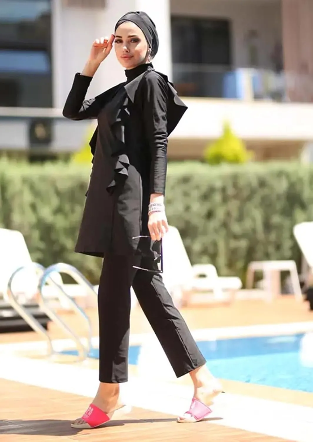 Modest Muslim Swimwear Women Islamic Black Swimsuit Full Cover Hijab Burkini Rash Guard Set Long Sleeve Bathing Suit