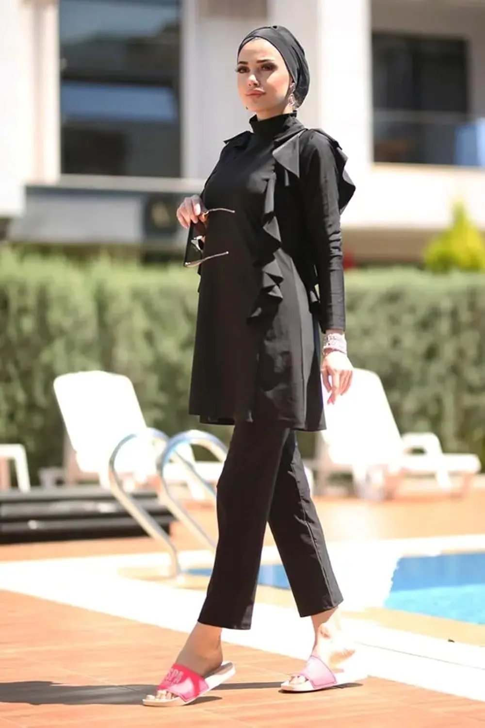 Modest Muslim Swimwear Women Islamic Black Swimsuit Full Cover Hijab Burkini Rash Guard Set Long Sleeve Bathing Suit