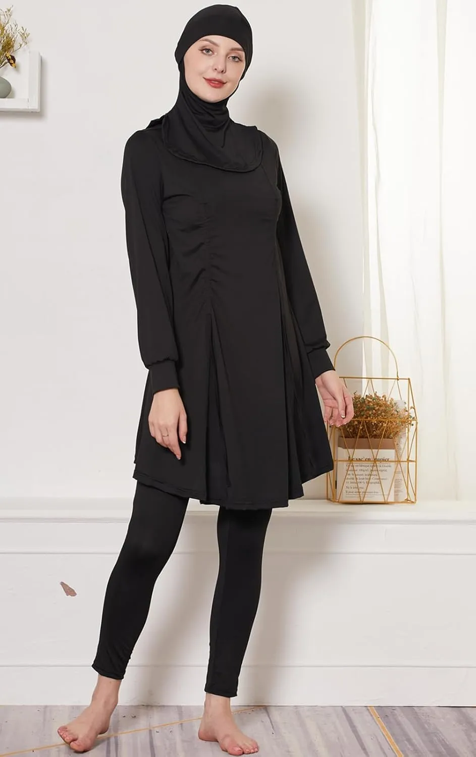 Modest Muslim Swimwear Women Islamic Black Swimsuit Full Cover Hijab Burkini Rash Guard Set Long Sleeve Bathing Suit