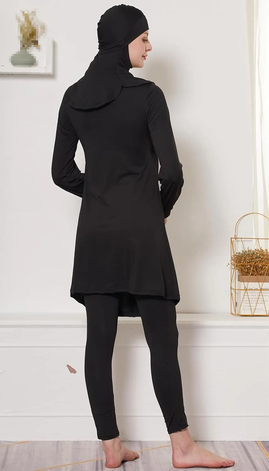 Modest Muslim Swimwear Women Islamic Black Swimsuit Full Cover Hijab Burkini Rash Guard Set Long Sleeve Bathing Suit
