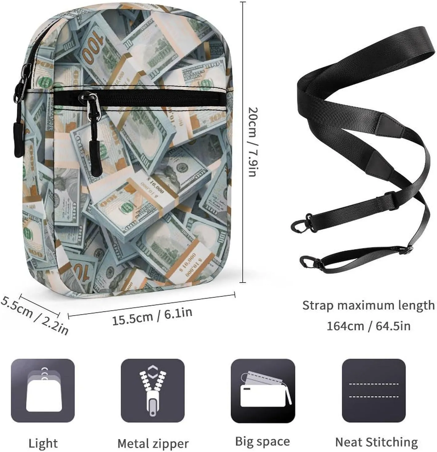 Money American Bill Dollar Crossbody Bag Small Shoulder Bag Waterproof, Lightweight And Convenient