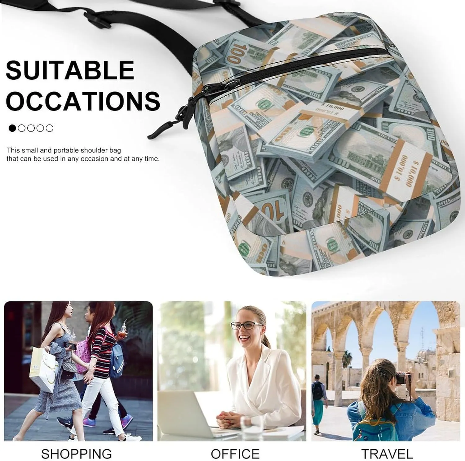 Money American Bill Dollar Crossbody Bag Small Shoulder Bag Waterproof, Lightweight And Convenient