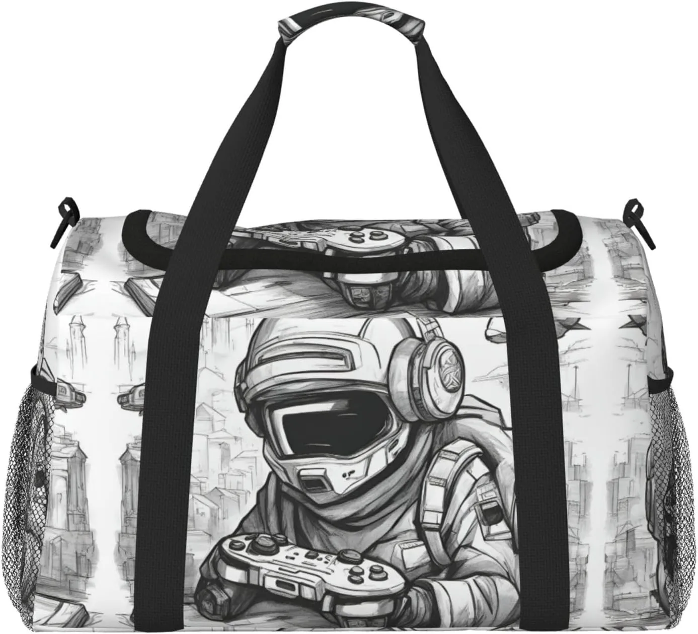 Monochrome Sketch Style Gaming Print Everyday Use Travel Duffle Bag Large Capacity Travel Bag Stylish Functional Bag