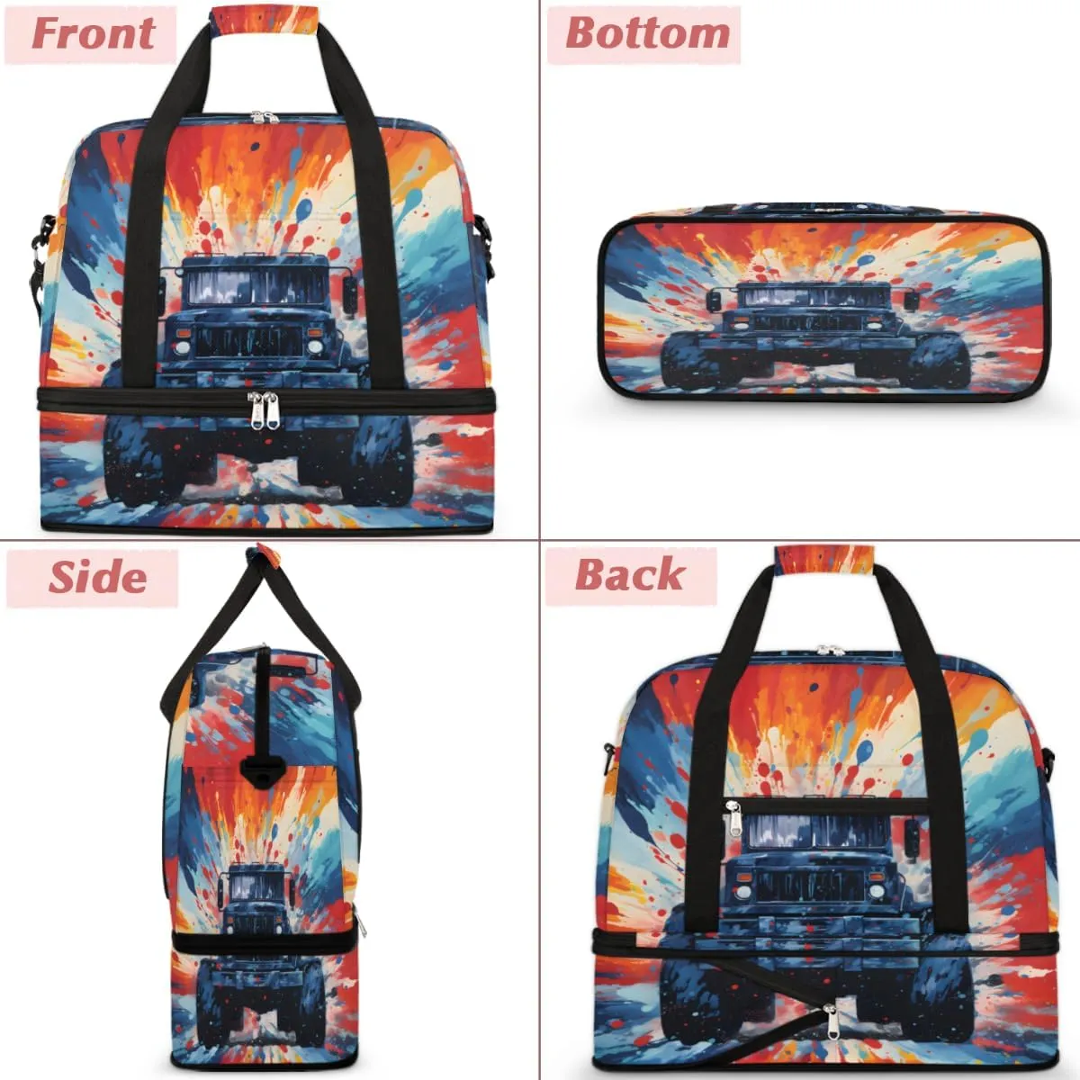 Monster Truck Cars Foldable Travel Duffel Bag Overnight Weekender Bag with Shoes Compartment Sports Gym Bag for Men Women