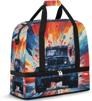 Monster Truck Cars Foldable Travel Duffel Bag Overnight Weekender Bag with Shoes Compartment Sports Gym Bag for Men Women