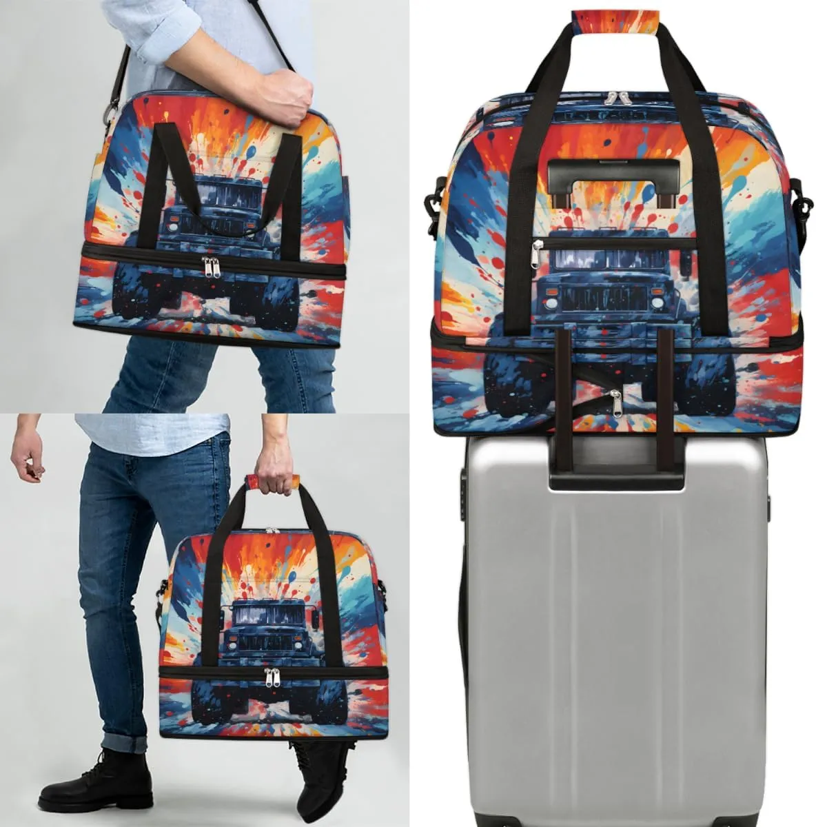 Monster Truck Cars Foldable Travel Duffel Bag Overnight Weekender Bag with Shoes Compartment Sports Gym Bag for Men Women