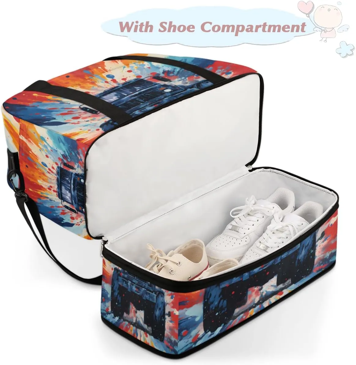 Monster Truck Cars Foldable Travel Duffel Bag Overnight Weekender Bag with Shoes Compartment Sports Gym Bag for Men Women
