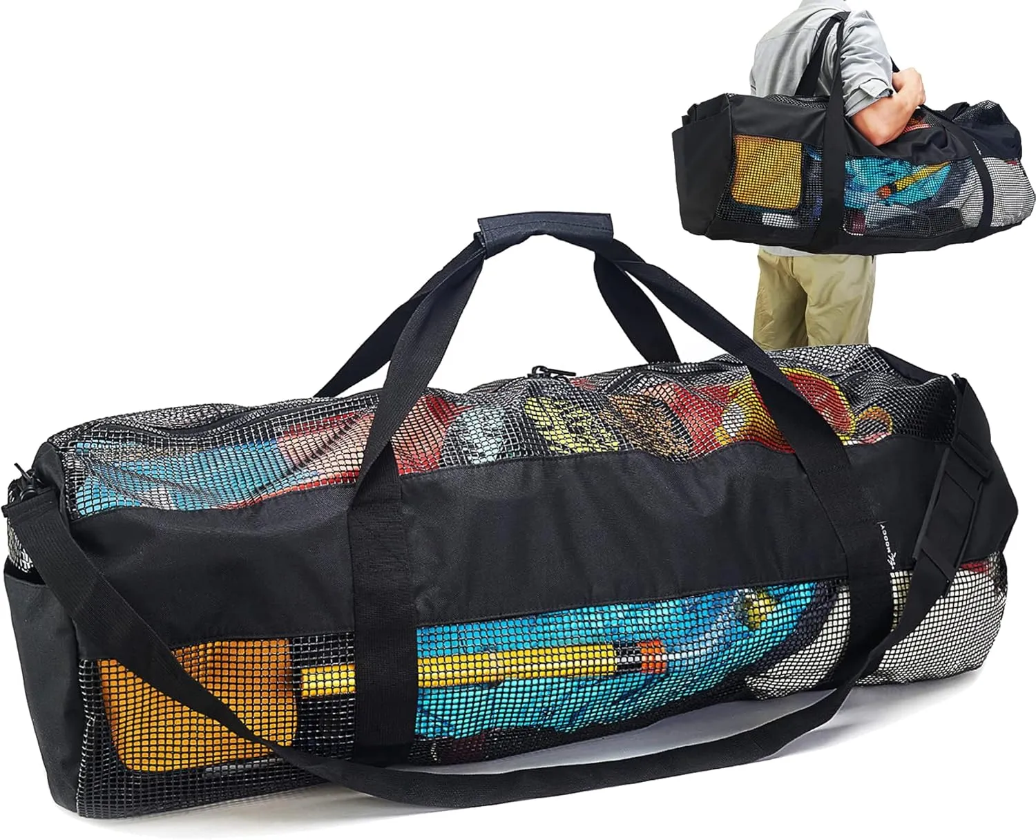 MOOCY Mesh Duffel Bag, XL Heavy Duty Beach Totes with Side Pockets and Zipper for Dive, Scuba, Diving, Snorkeling Storage | Workout, Gym, Wrestling Bag
