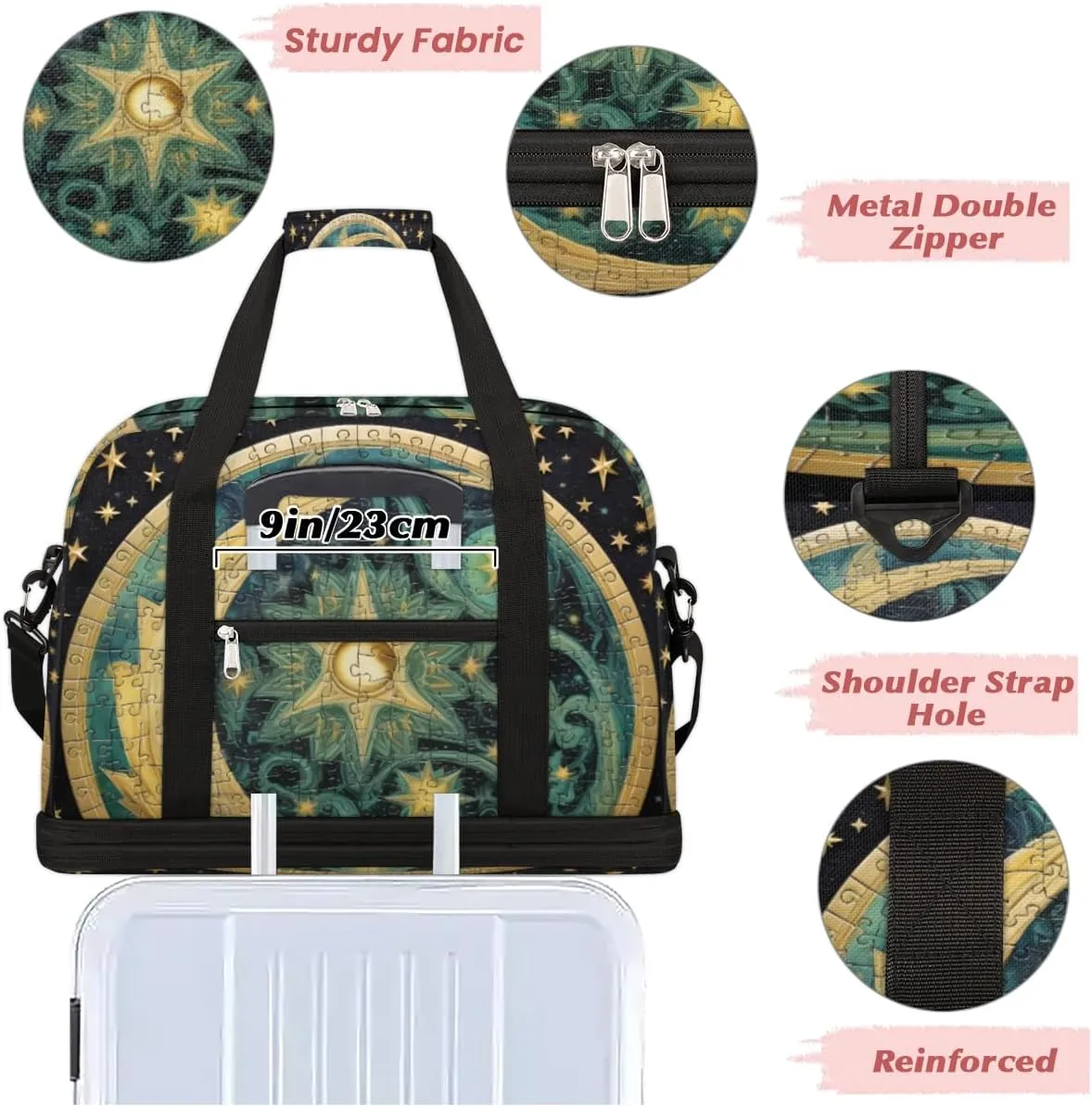 Moon and Star Alchemy Magical Foldable Duffle Bag with Shoes Compartment Large Capacity Waterproof Travel Weekender Bag Overnight Bag for Sports Gym