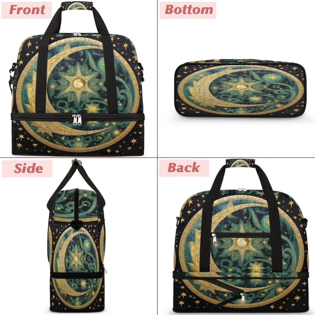 Moon and Star Alchemy Magical Foldable Duffle Bag with Shoes Compartment Large Capacity Waterproof Travel Weekender Bag Overnight Bag for Sports Gym