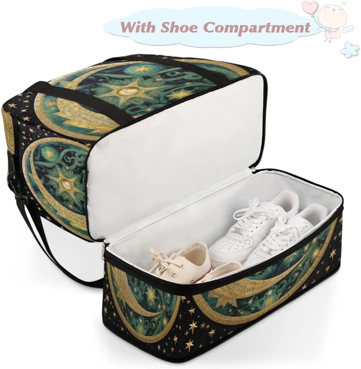 Moon and Star Alchemy Magical Foldable Duffle Bag with Shoes Compartment Large Capacity Waterproof Travel Weekender Bag Overnight Bag for Sports Gym