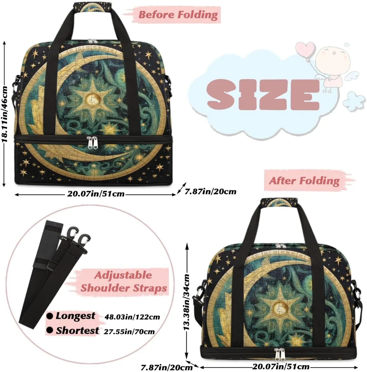 Moon and Star Alchemy Magical Foldable Duffle Bag with Shoes Compartment Large Capacity Waterproof Travel Weekender Bag Overnight Bag for Sports Gym