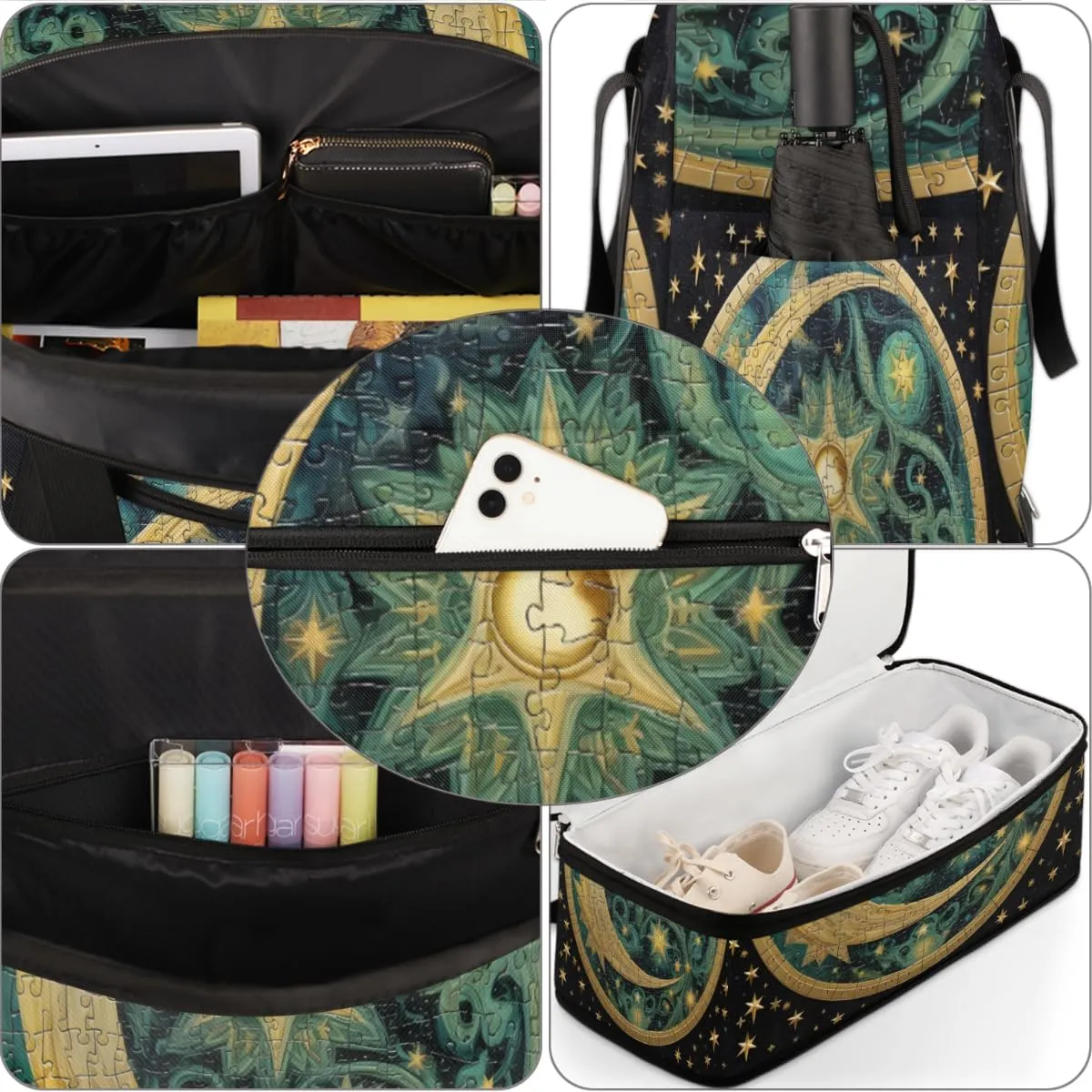 Moon and Star Alchemy Magical Foldable Duffle Bag with Shoes Compartment Large Capacity Waterproof Travel Weekender Bag Overnight Bag for Sports Gym