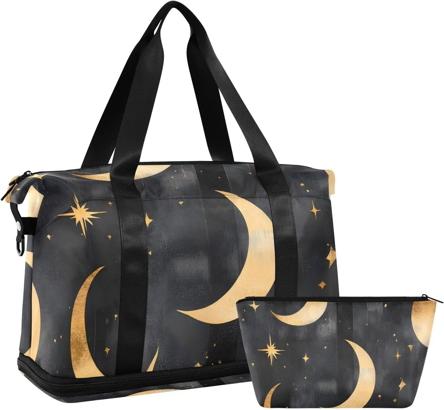 Moons and Stars Versatile Sports Travel Bag - Lasting Twill Tote, Removable Wheel & Rod Bagging, Multi-pocket Design, Complimentary Makeup Bag