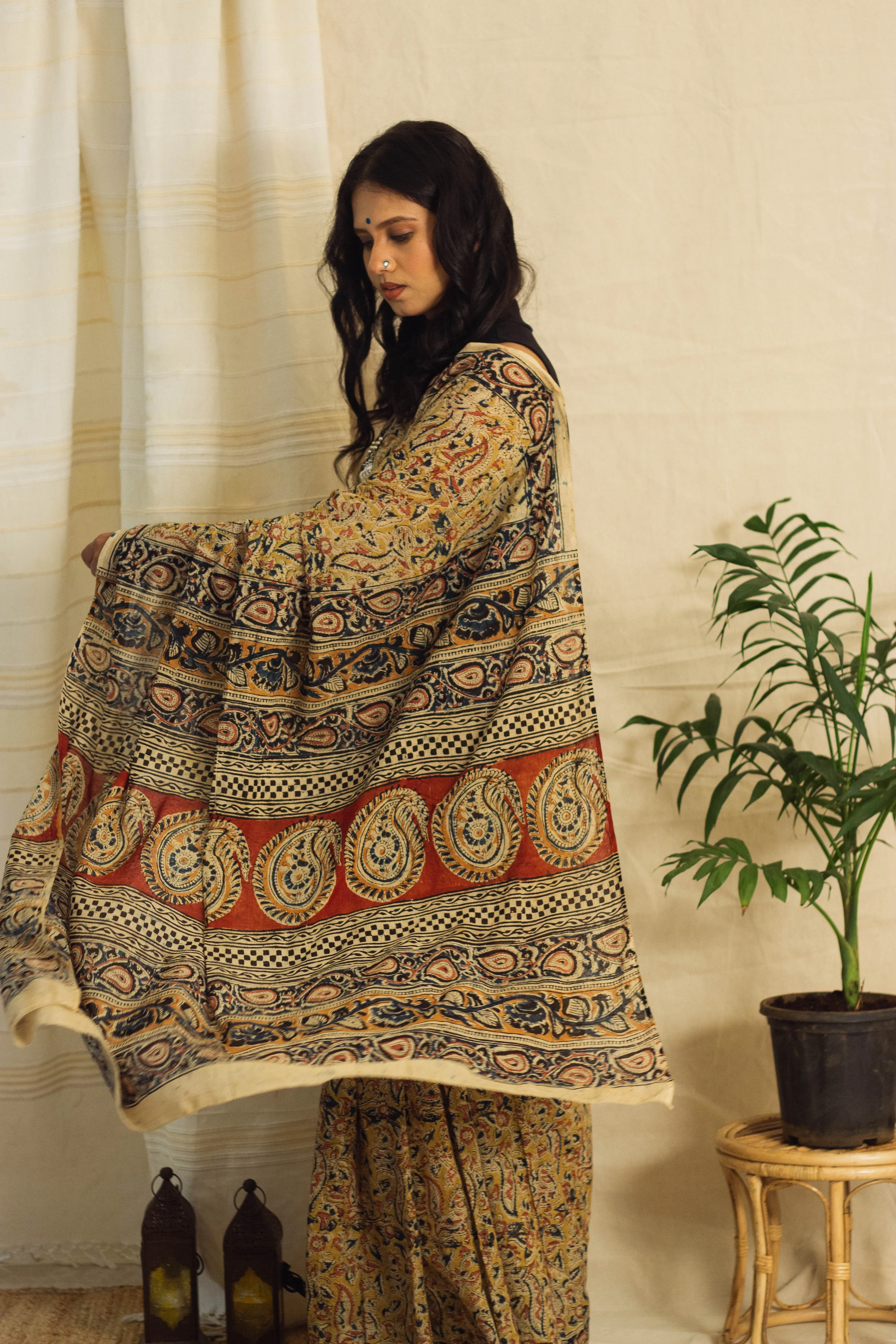Mul Cotton Block Printed Saree • Kalamkari Yellow Peacock