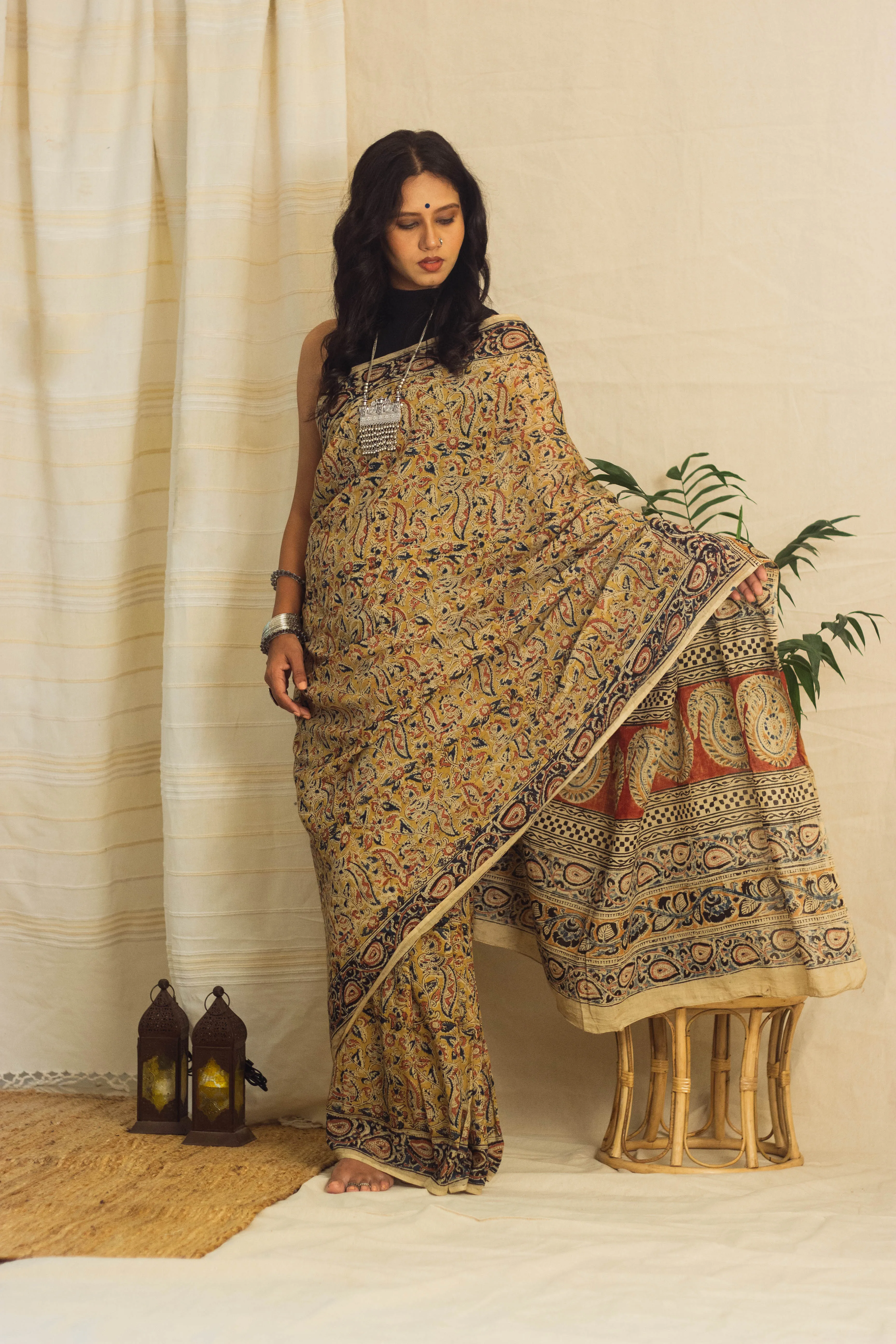 Mul Cotton Block Printed Saree • Kalamkari Yellow Peacock