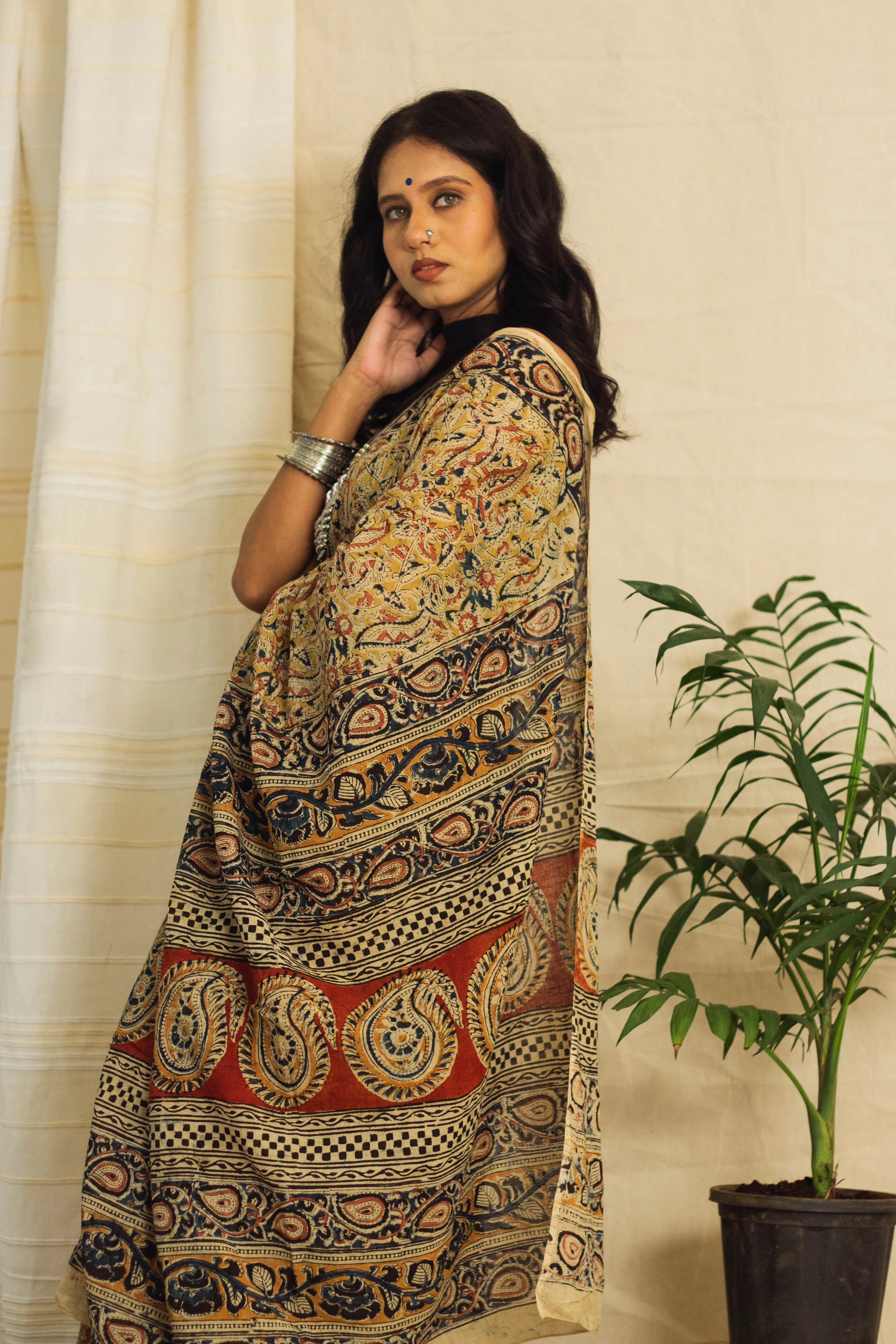 Mul Cotton Block Printed Saree • Kalamkari Yellow Peacock