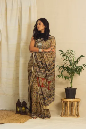 Mul Cotton Block Printed Saree • Kalamkari Yellow Peacock