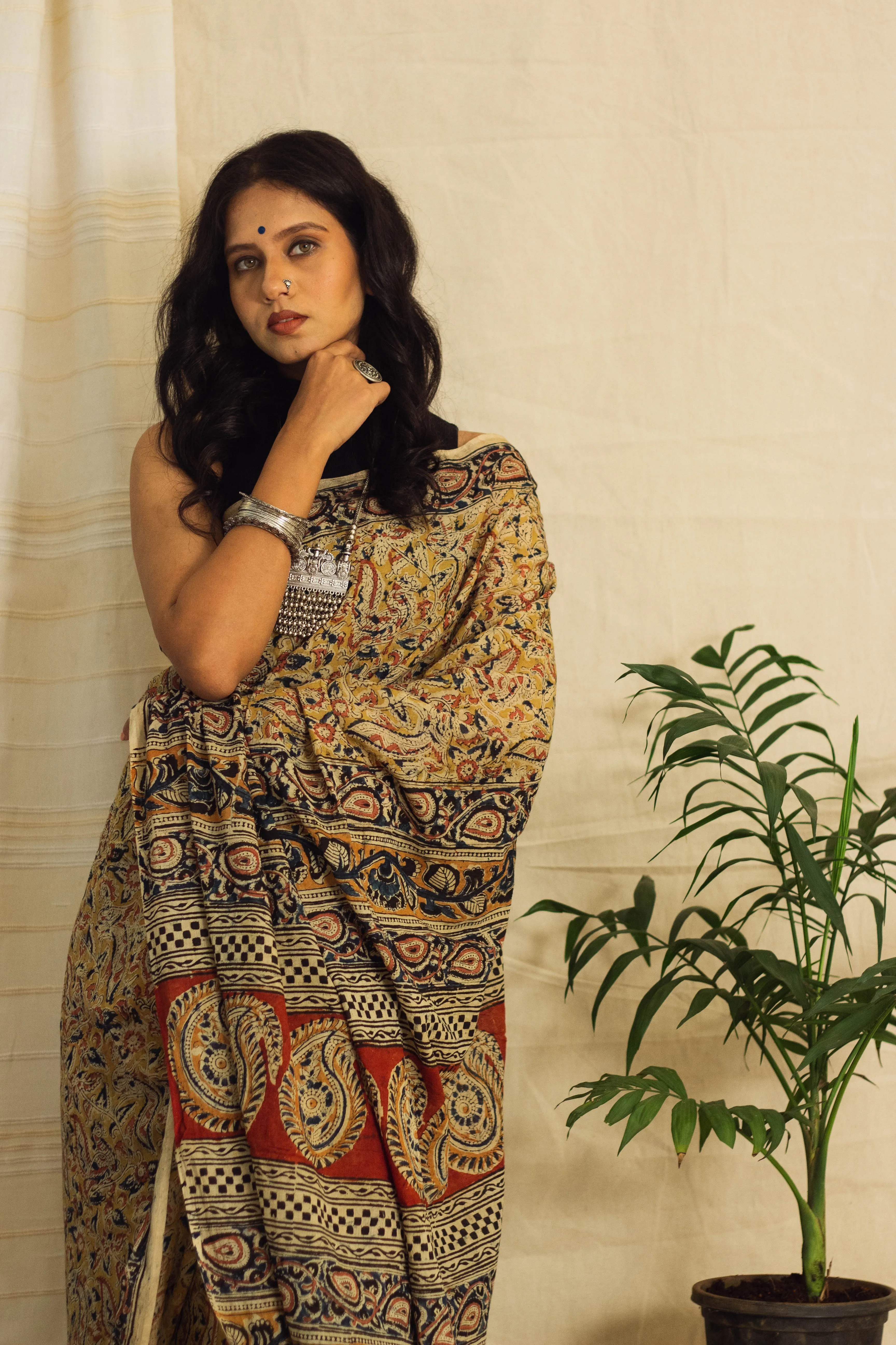 Mul Cotton Block Printed Saree • Kalamkari Yellow Peacock
