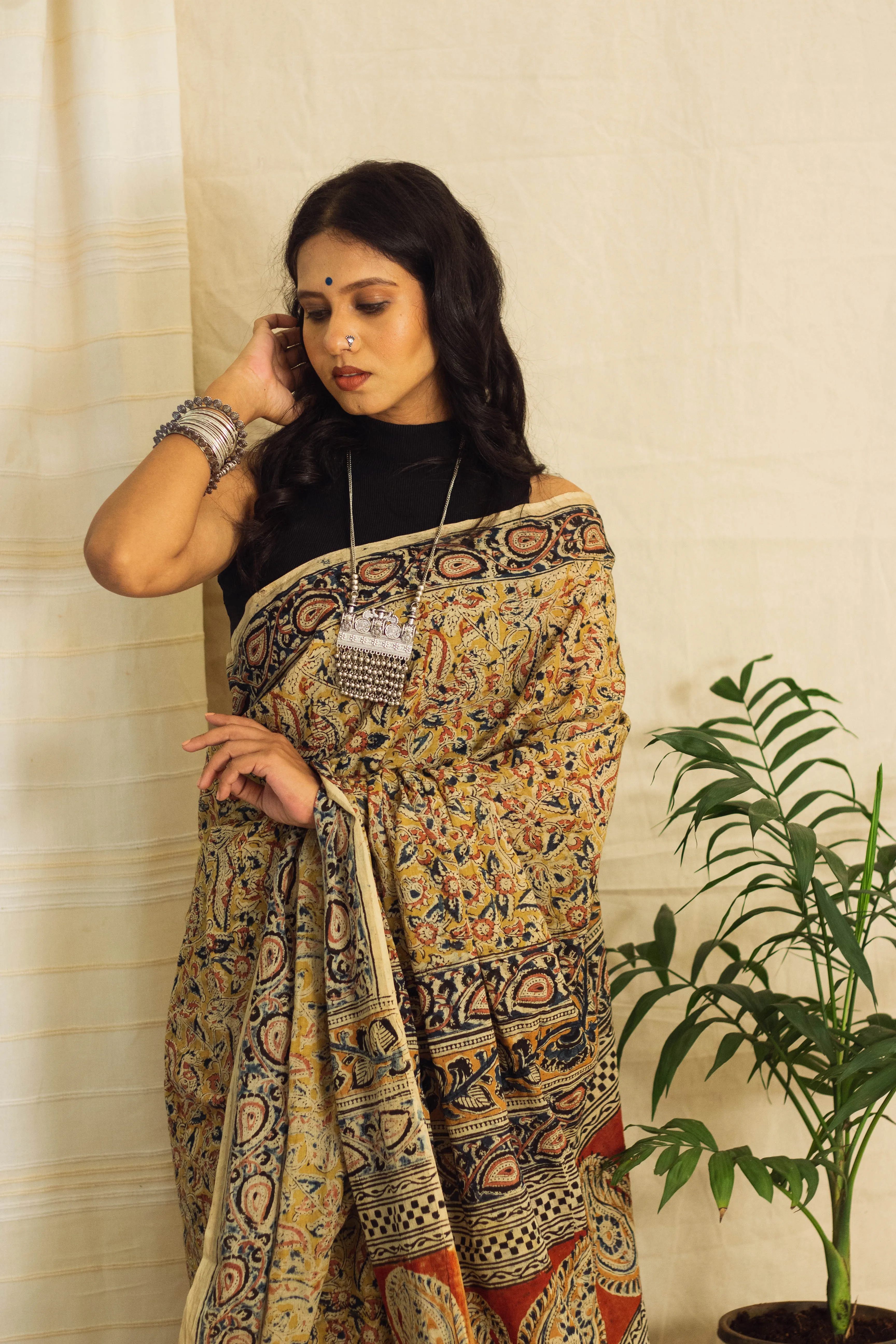 Mul Cotton Block Printed Saree • Kalamkari Yellow Peacock