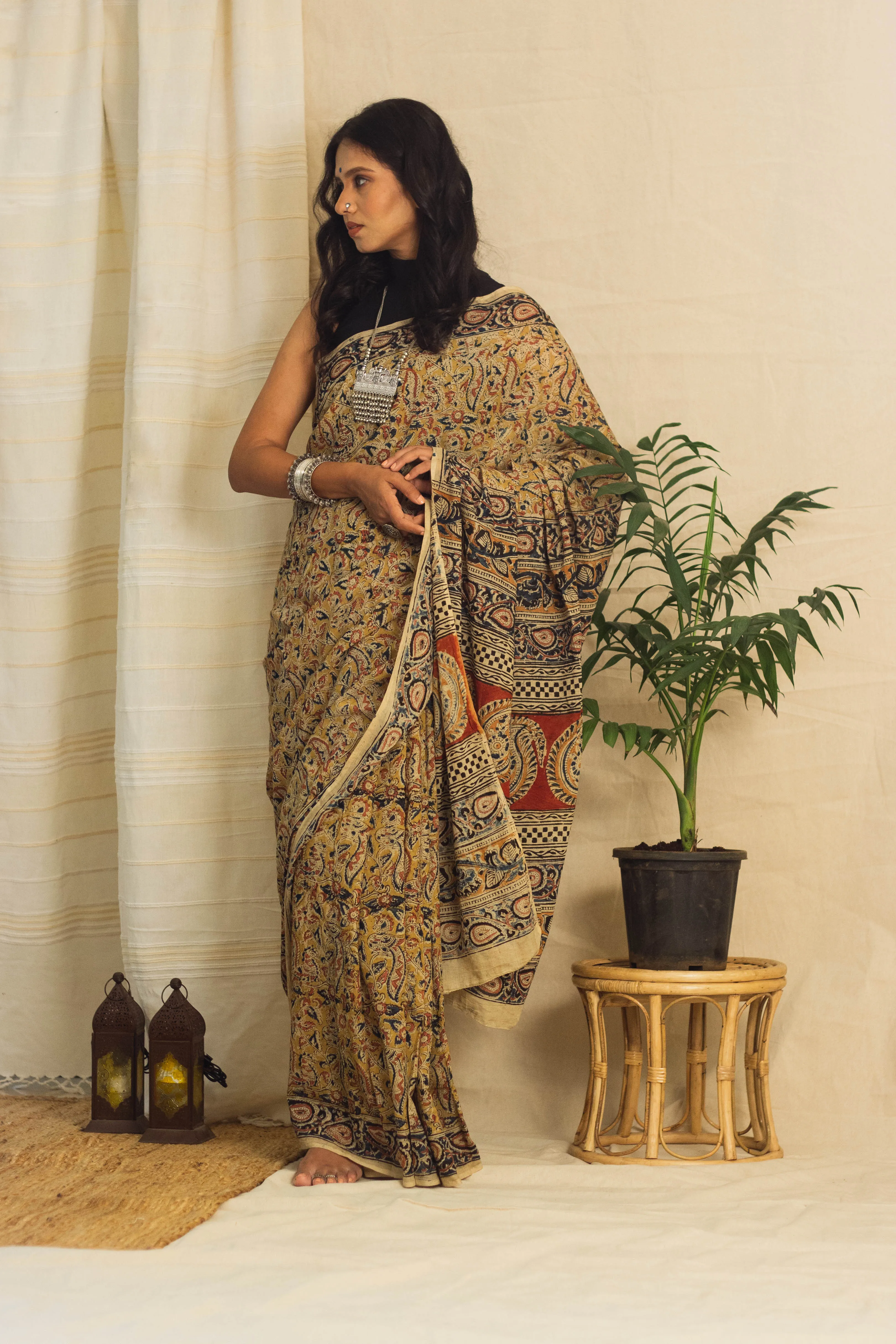 Mul Cotton Block Printed Saree • Kalamkari Yellow Peacock