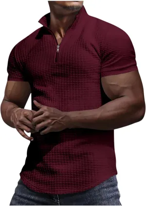 Muscularfit Tshirts Shirts for Men Short Sleeve Waffle Knit Quarter-Zip Pullover Tops Causal Fashion Gym Workout Tee Tops