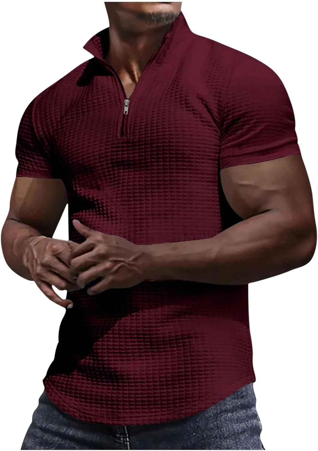 Muscularfit Tshirts Shirts for Men Short Sleeve Waffle Knit Quarter-Zip Pullover Tops Causal Fashion Gym Workout Tee Tops