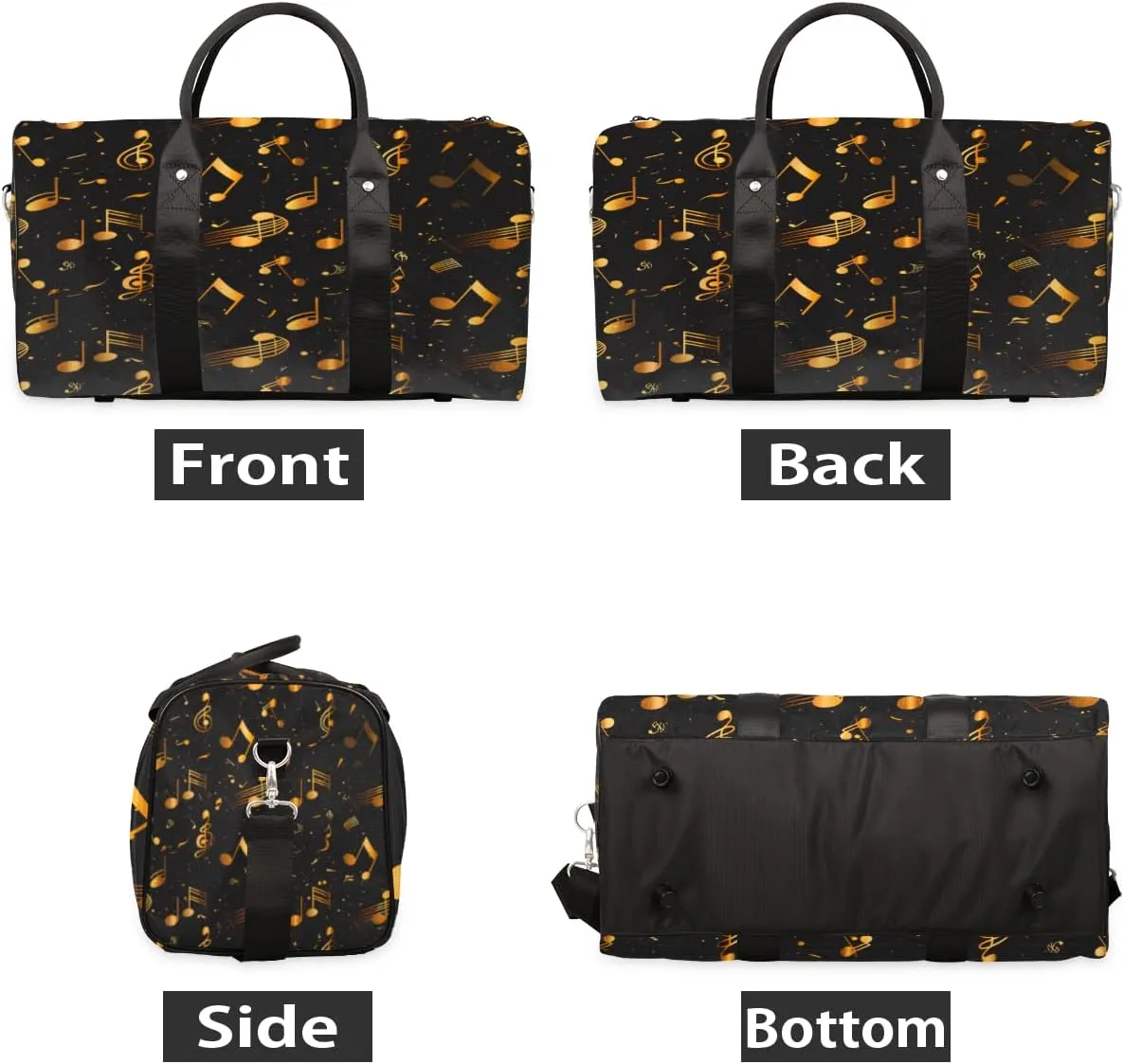 Music Travel Duffle Bag, Sports Gym Bags for Women Men, Carry On Weekender Overnight Bag, Gold and Black Musical Notes Workout Hospital Airplane Trips Bag