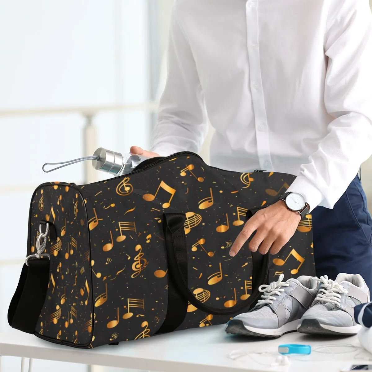 Music Travel Duffle Bag, Sports Gym Bags for Women Men, Carry On Weekender Overnight Bag, Gold and Black Musical Notes Workout Hospital Airplane Trips Bag