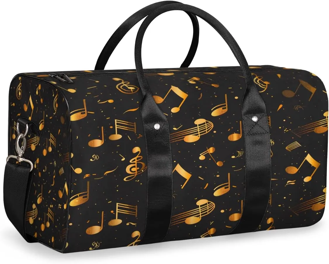 Music Travel Duffle Bag, Sports Gym Bags for Women Men, Carry On Weekender Overnight Bag, Gold and Black Musical Notes Workout Hospital Airplane Trips Bag