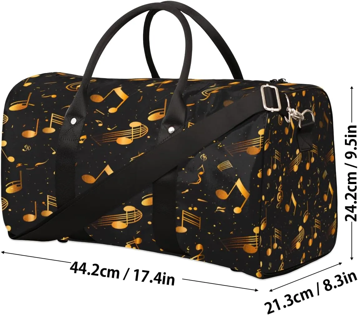 Music Travel Duffle Bag, Sports Gym Bags for Women Men, Carry On Weekender Overnight Bag, Gold and Black Musical Notes Workout Hospital Airplane Trips Bag