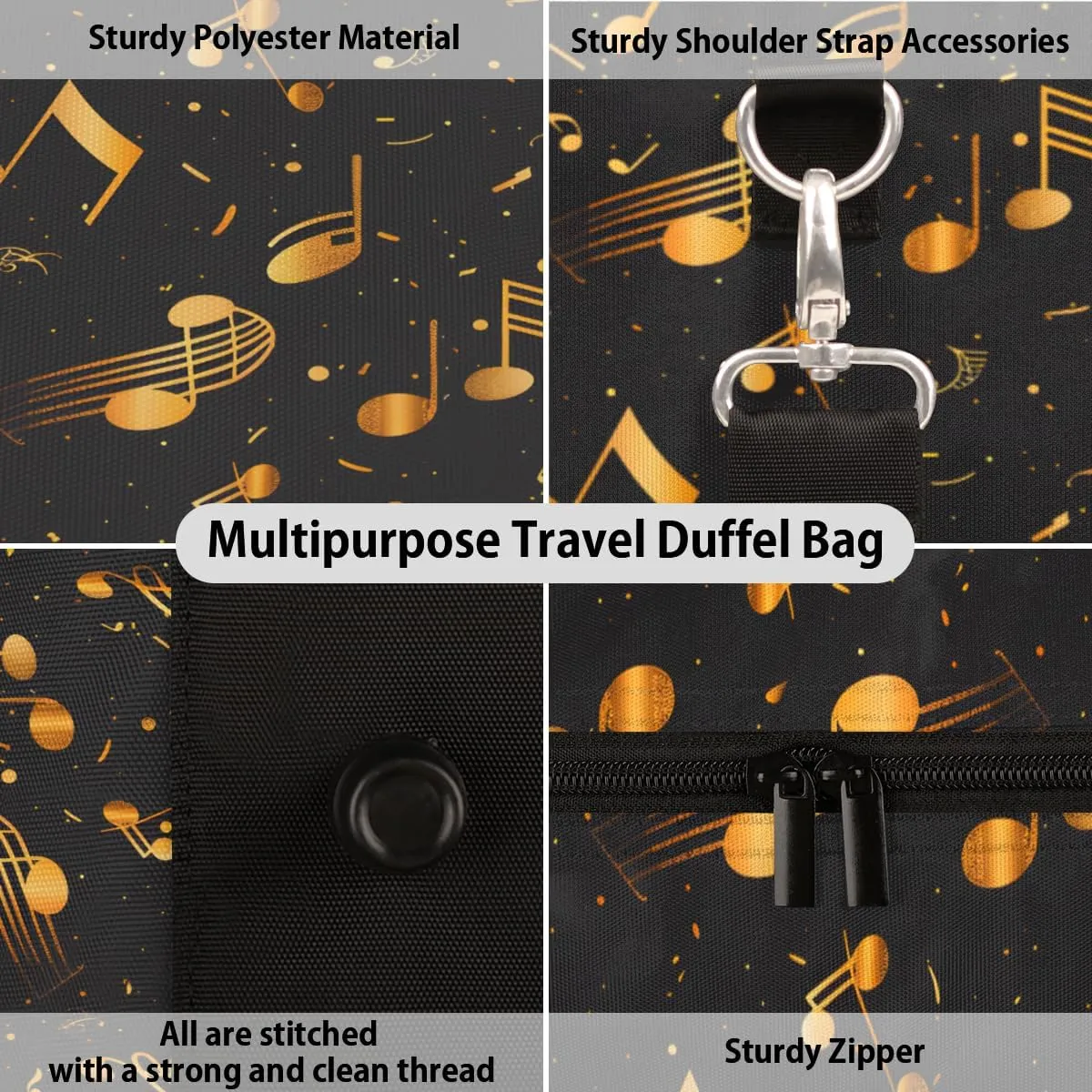 Music Travel Duffle Bag, Sports Gym Bags for Women Men, Carry On Weekender Overnight Bag, Gold and Black Musical Notes Workout Hospital Airplane Trips Bag