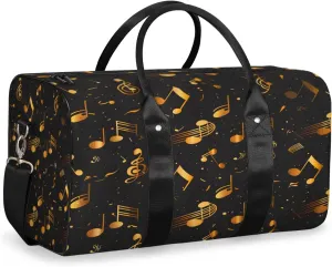 Music Travel Duffle Bag, Sports Gym Bags for Women Men, Carry On Weekender Overnight Bag, Gold and Black Musical Notes Workout Hospital Airplane Trips Bag
