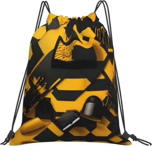 Mustard Yellow And Black Print Sports Drawstring Backpack For Women Men, Lightweight Gym Bag For Gym Travel Swimming, White