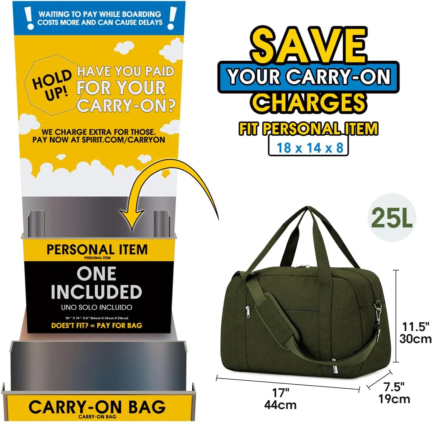 Narwey 18" Carry on Bag Underseat for Airplane with Wet Pocket Spirit Airlines Personal Item Bag Travel Duffel Bag Small Gym Bag Weekender Overnight for Women and Men (Army Green)