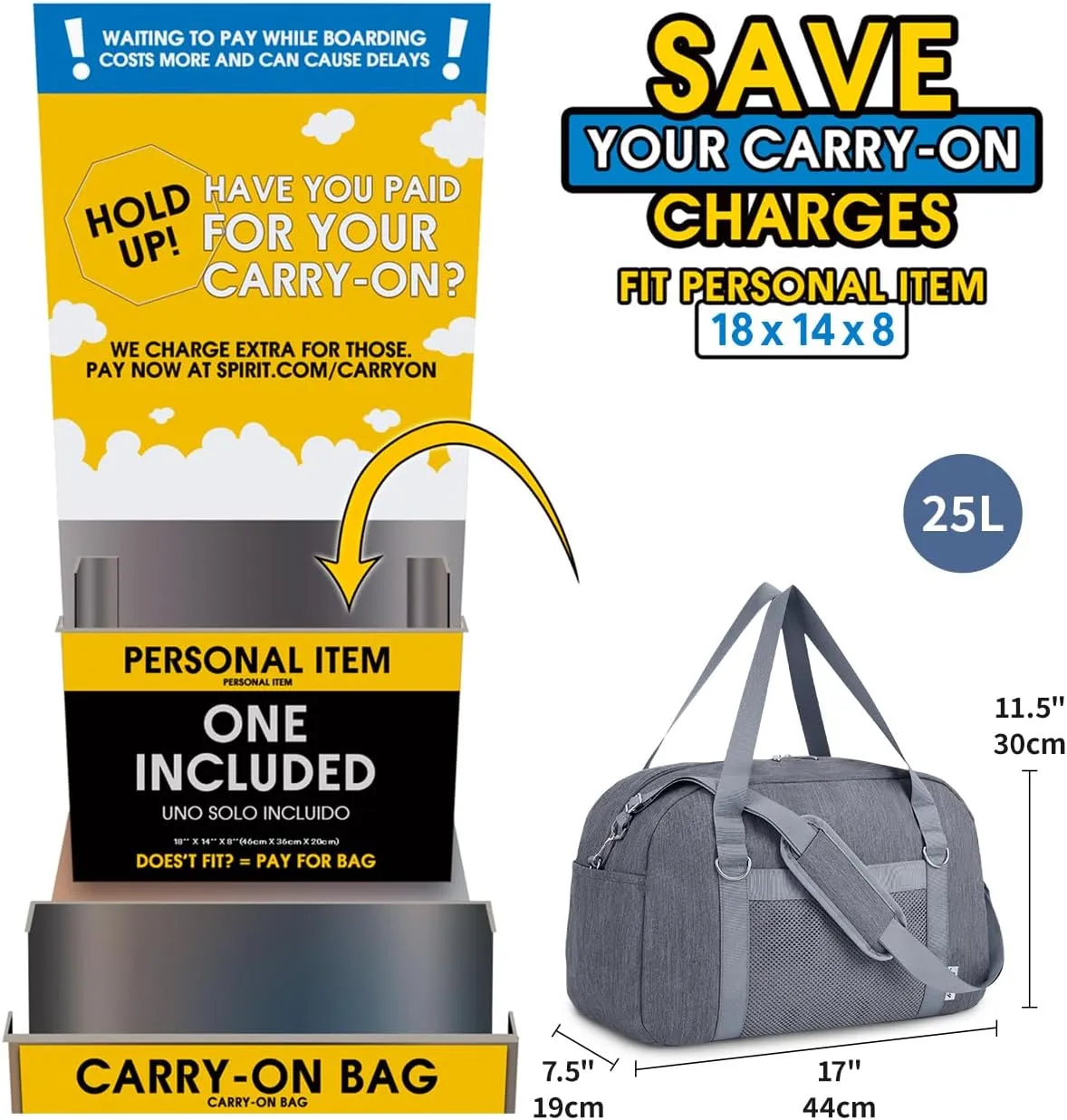 Narwey 18" Small Duffle Bag Carry on Underseat Luggage for Airplane with Wet Pocket Spirit Airlines Personal Item Bag 18x14x8 Travel Duffel Bag Gym Overnight for Women and Men (Grey)
