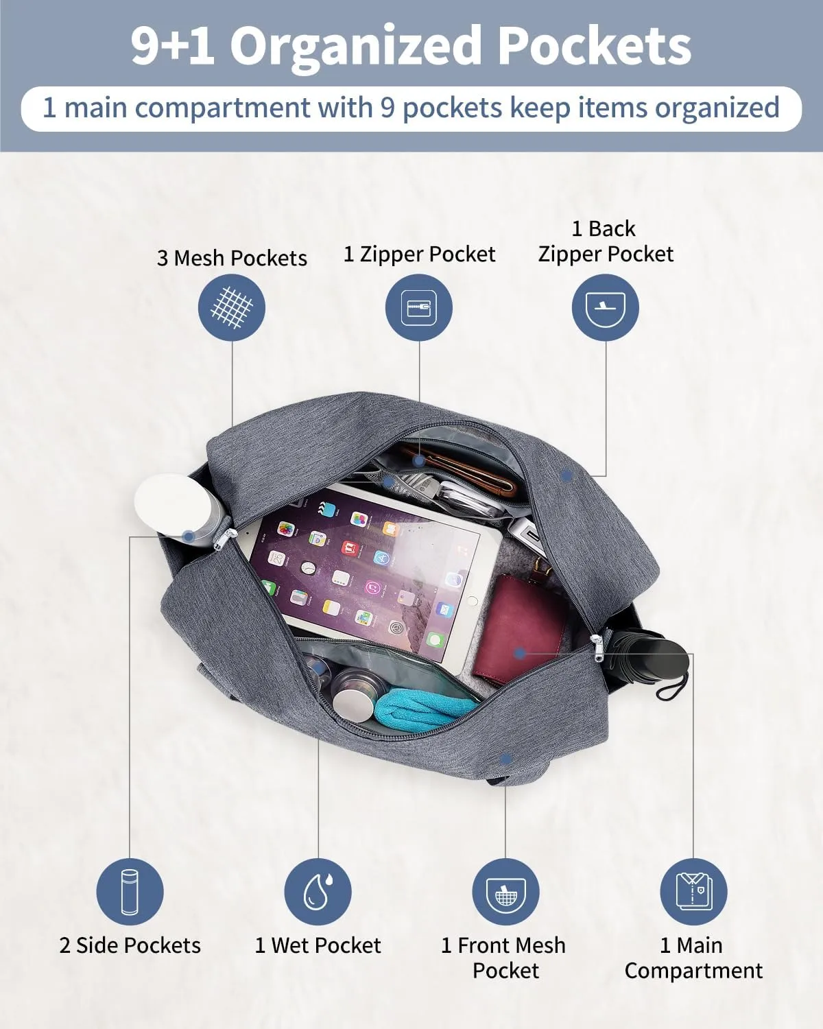 Narwey 18" Small Duffle Bag Carry on Underseat Luggage for Airplane with Wet Pocket Spirit Airlines Personal Item Bag 18x14x8 Travel Duffel Bag Gym Overnight for Women and Men (Grey)