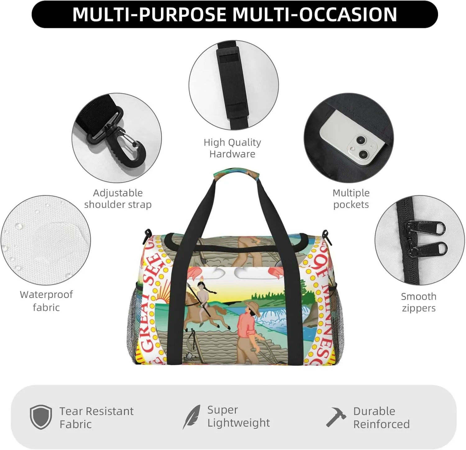 National Emblem Of Minnesota Travel Duffel Bag Large Foldable Waterproof Overnight Bag For Beach Swim Bags Pool Sports Gym