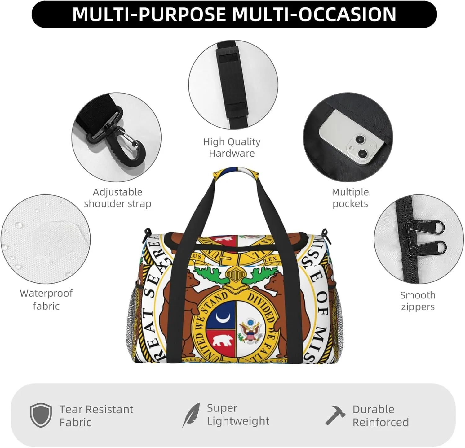 National Emblem Of Missouri Travel Duffel Bag Large Foldable Waterproof Overnight Bag For Beach Swim Bags Pool Sports Gym
